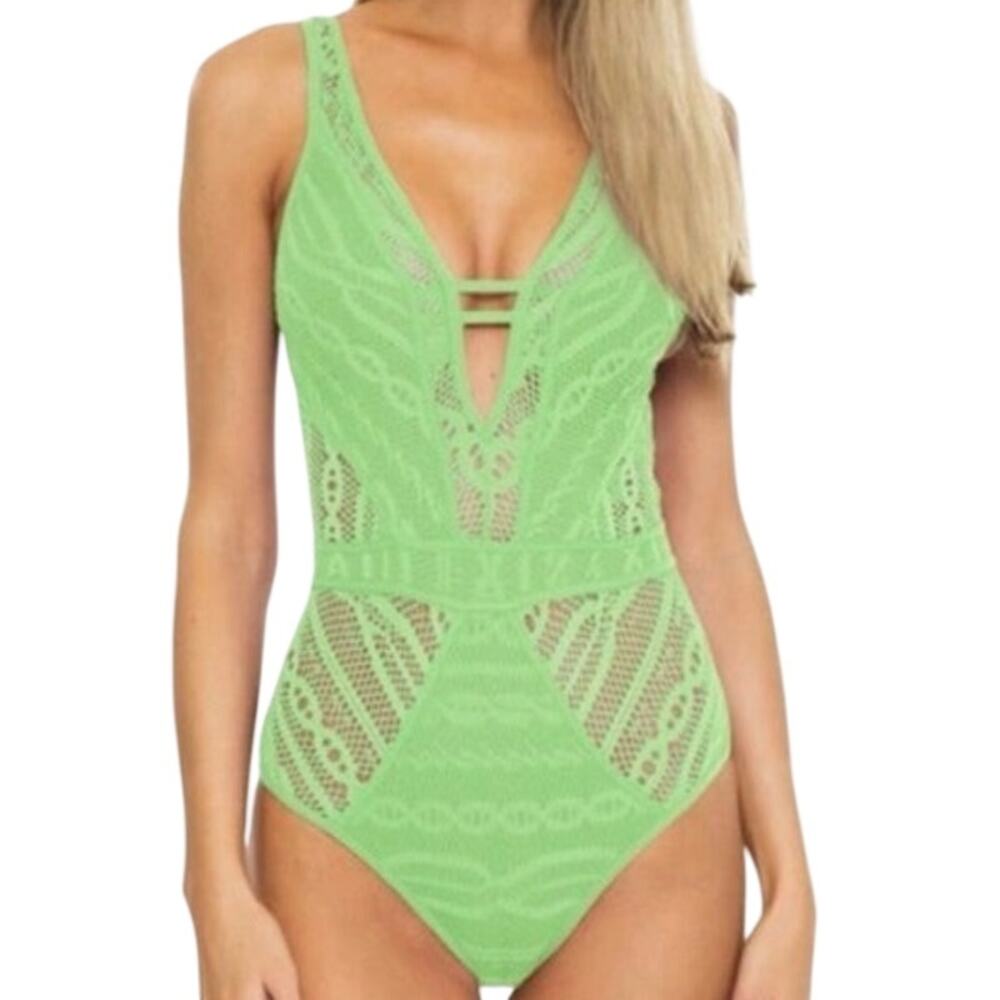 NEW Becca Crochet Plunge One Piece Swimsuit Small
